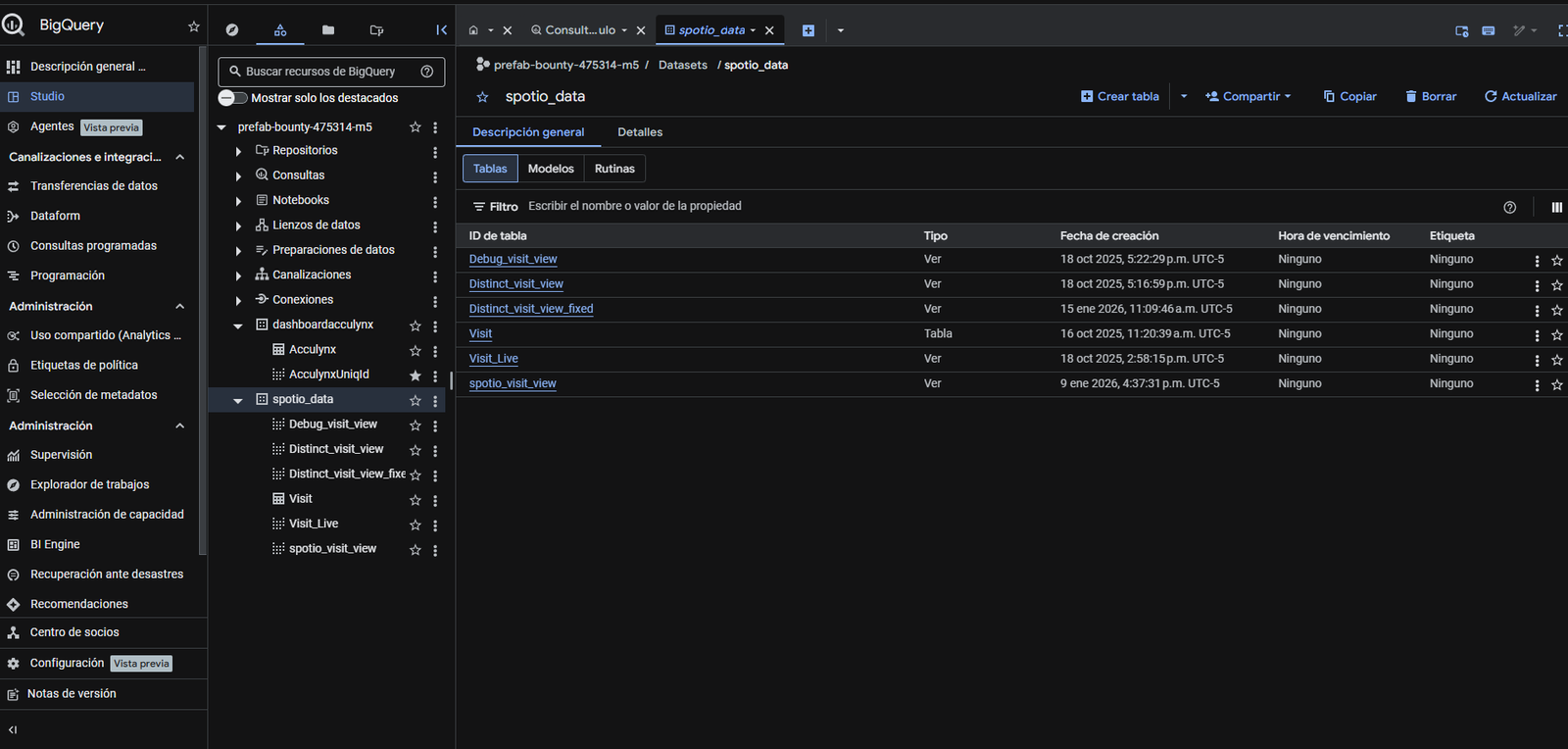 Ajustes y vistas en BigQuery